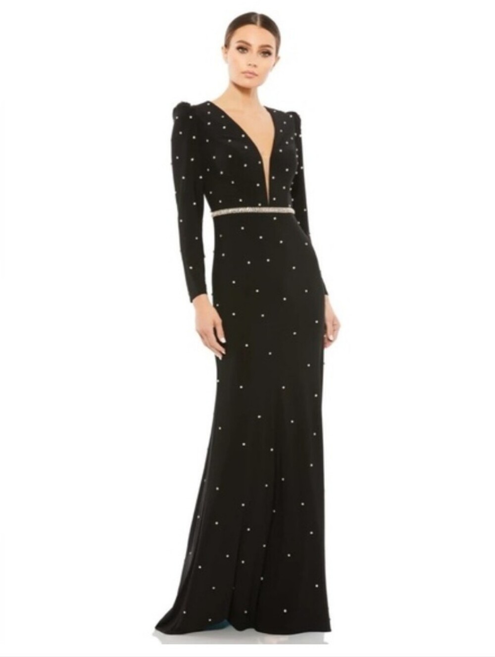 Mac Duggal Long Sleeves Belted Jewel Encrusted Plunge Neck Stretchable Gown US 6